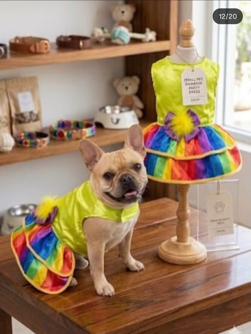Cão vestindo roupinha estampada colorida, estilo arco-íris