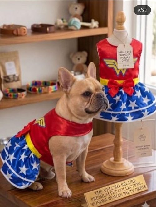 Cão vestindo fantasia temática de super-heroína