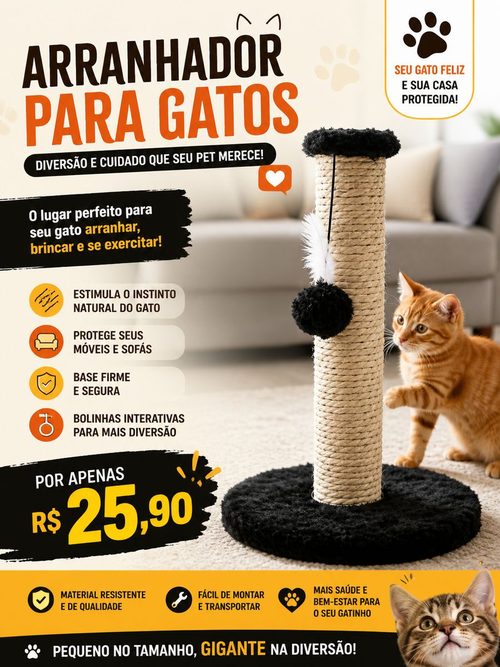Arranhador para gatos com base e bolinha interativa