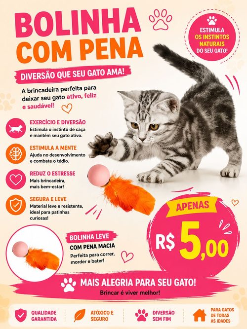 Bolinha com pena, brinquedo para gatos