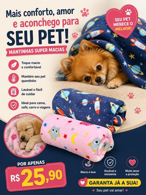 Mantinha super macia para pet, estampas espaço e coruja