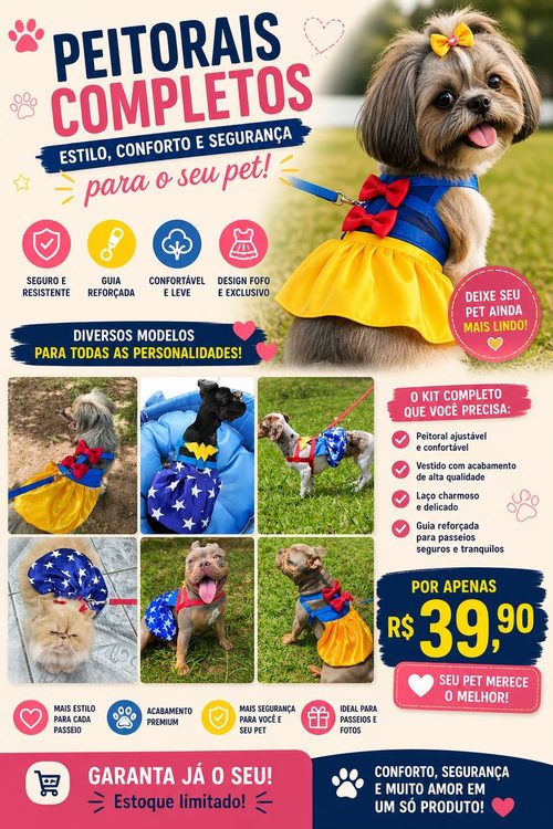 Peitoral completo com vestido e laço para pet